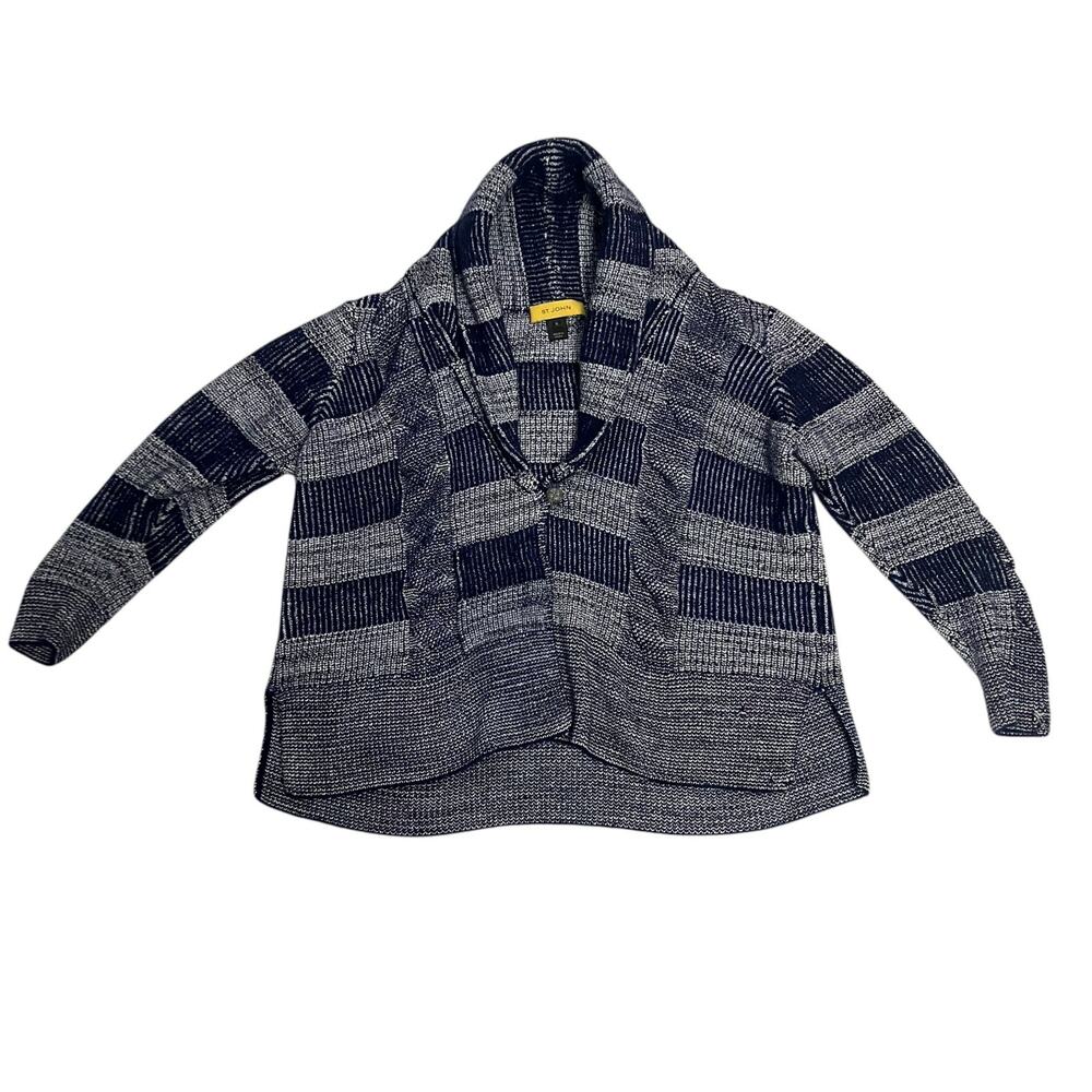 St. John Yellow Label Vivid Denim Multi Cardigan Sweater Size XL